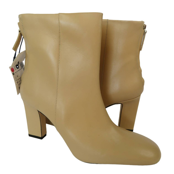 New ZARA Tan Leather Back Zip Square Toe Heeled Ankle Boots Womens 10 EU 41 - Picture 1 of 11